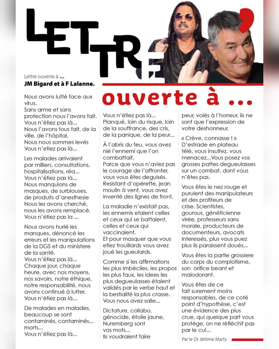 A la demande de beaucoup voici la lettre ouverte à JM Bigard et F Lalanne en un texte.
#COVIDIDIOTS #COVID #vaccinations