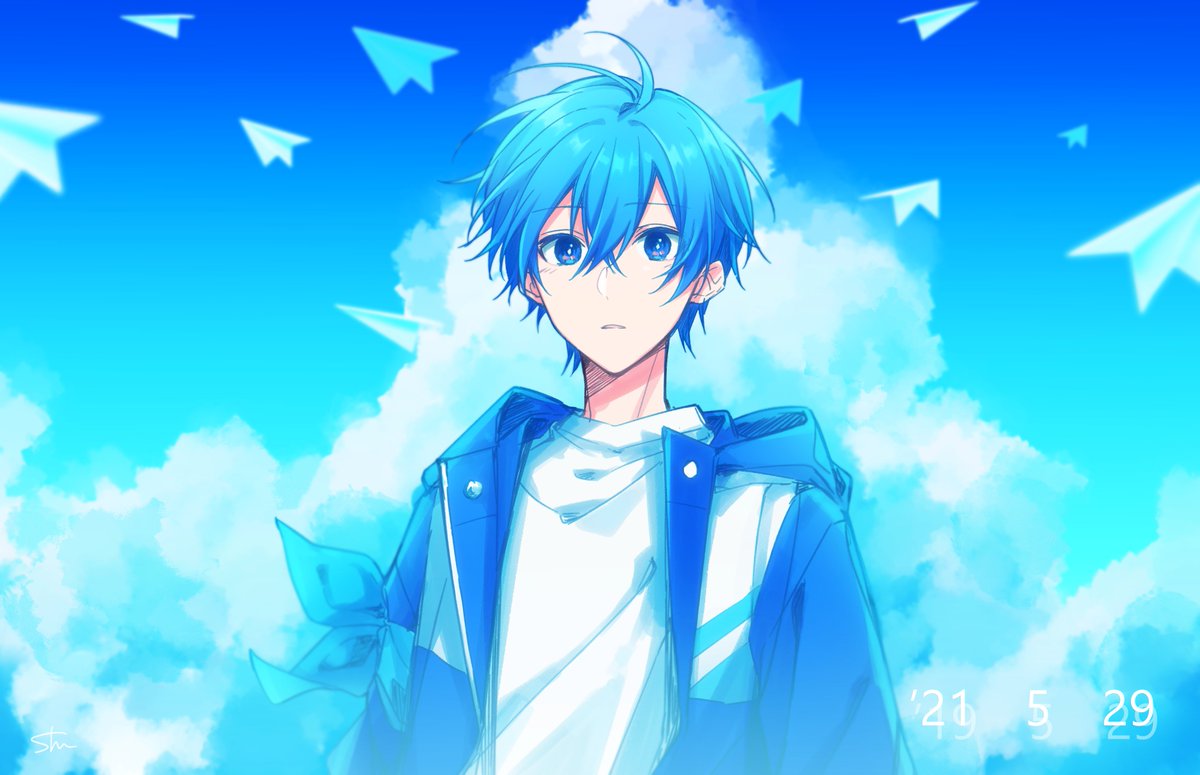 1boy male focus paper airplane blue hair blue eyes sky cloud  illustration images