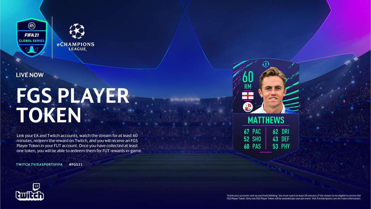 1⃣ Link your EA and Twitch accounts: ea.com/twitchlinking
2⃣ Watch the eChampions League Finals for at least 60 minutes: twitch.tv/easportsfifa
3⃣ Click the Claim your reward button on Twitch when eligible
4⃣ Receive your FGS Player Token within 24 hrs
#FGS21