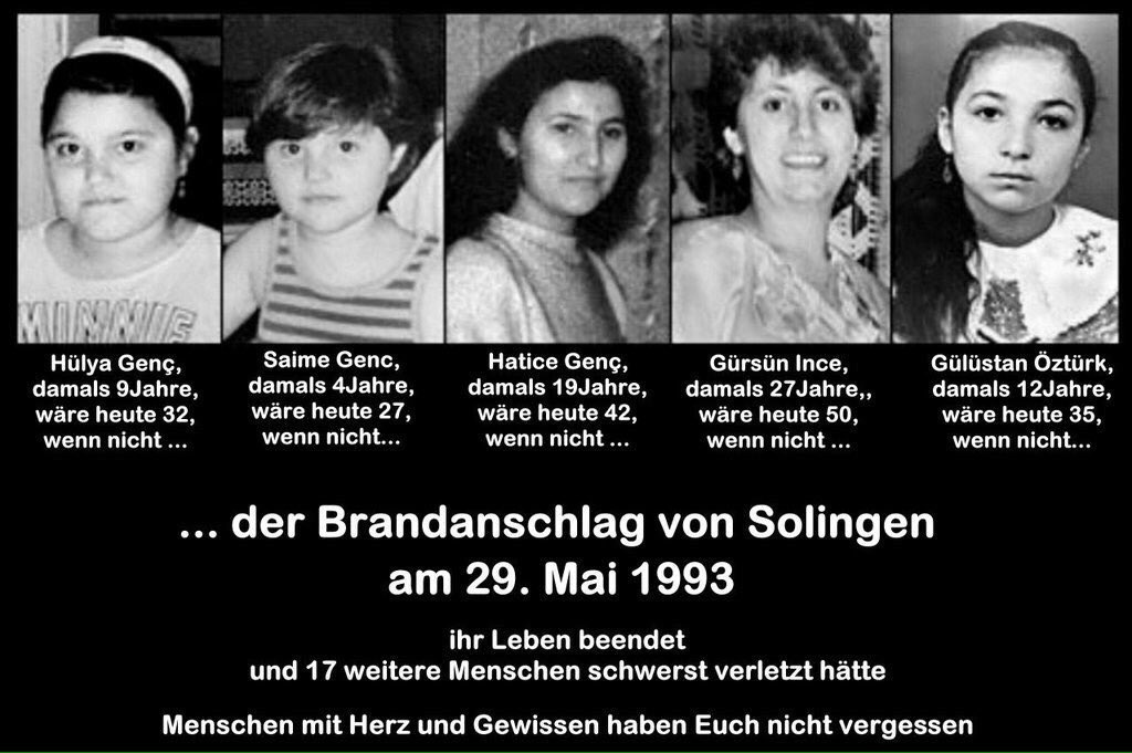 Hanau19Februar's tweet photo. Heute vor 28 Jahren wurden 5 Menschen durch einen rechtsextremen #Brandanschlag in #Solingen ermordet. Vier davon waren Kinder.

 • Gürsün Ince (26)
 • Hatice Genç (18)
 • Gülüstan Öztürk (12)
 • Hülya Genç (9)
 • Saime Genç (4)

#Hanau 
#solingen
#München
#Halle
#mölln https://t.co/ZgHehUKwcN
