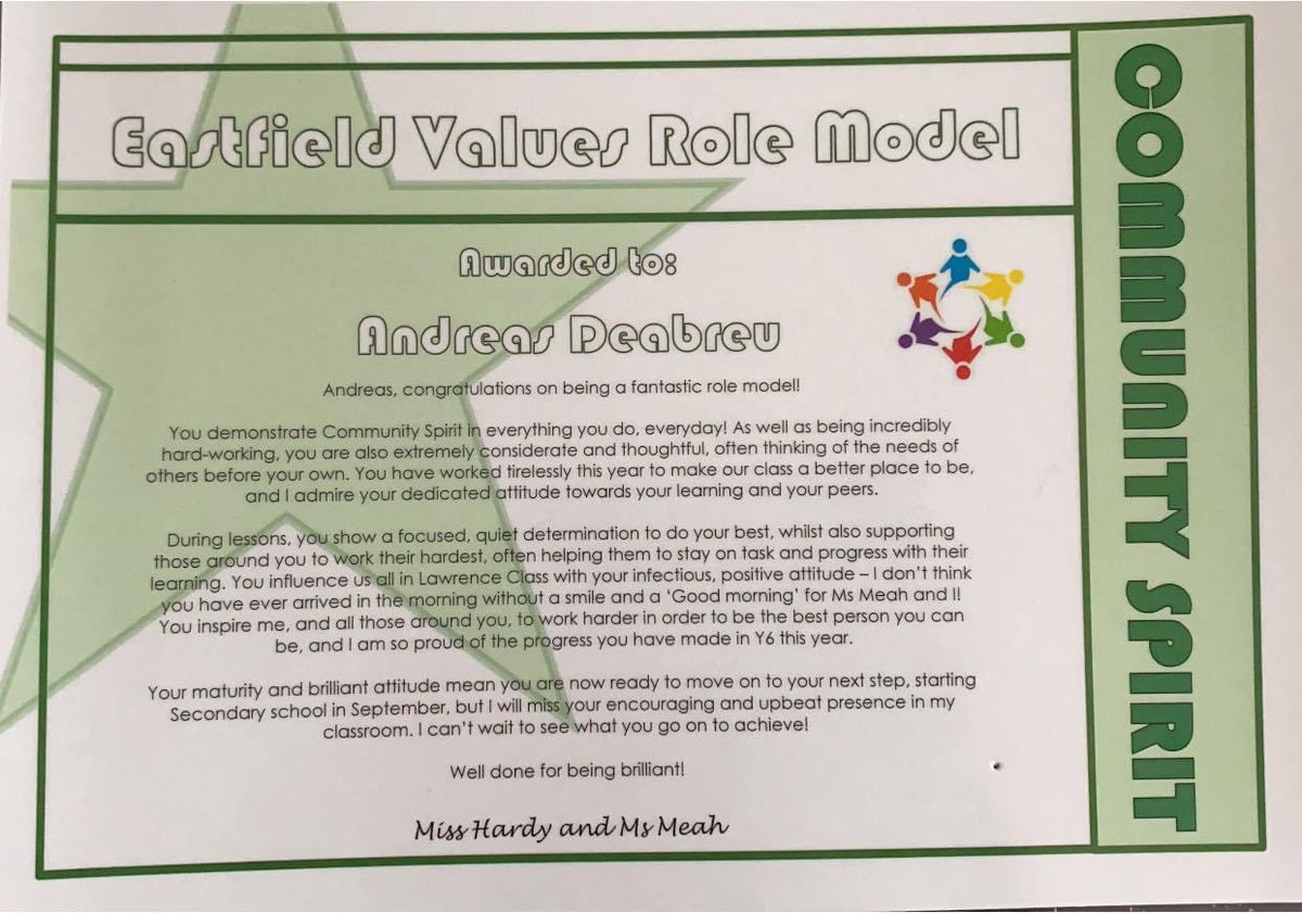 Lynseydea's tweet photo. So proud of Andreas. He is such a kind and loving young man, always wanting to help others. For his teacher to say he is doing the same in school, really makes my heart melt. Such kind words. Thank you  🙏🏼  🙌🏼❤️ @Eastfield_EN3 @Megan_Hardy93 https://t.co/uaLpxLFEFT