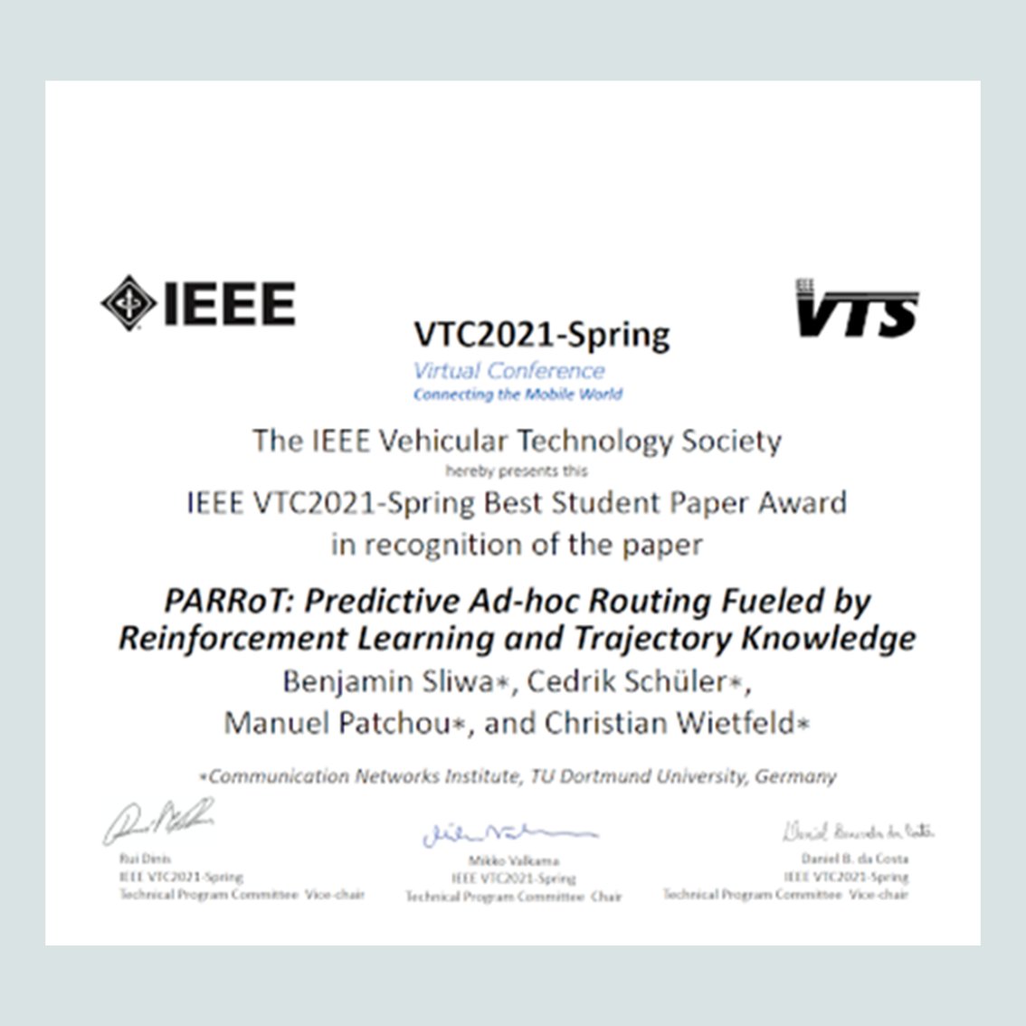 Die CNI-Forscher Benjamin Sliwa, Cedrik Schüler und Manuel Patchou haben gemeinsam mit Lehrstuhlinhaber Prof. Dr.-Ing. Christian Wietfeld den renommierten "Best Student Paper Award" erhalten. 
#etit #tudortmund #cni #beststudentpaperaward