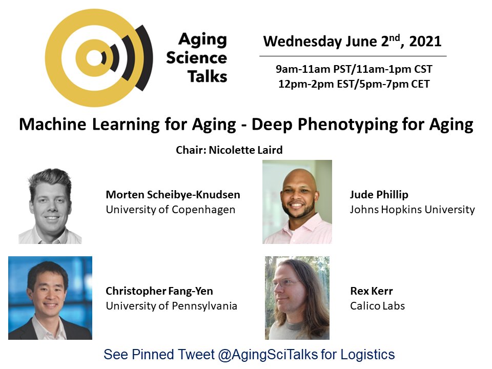 Join us next Wed 6/2 12-2pm ET/9-11am PT for a special symposium "Machine Learning for Aging - Deep Phenotyping for Aging" Chaired by <a href="/niknikkums/">Nicolette Laird</a>
and featuring speakers <a href="/ScheibyeKnudsen/">The Scheibye-Knudsen Lab</a> Jude Phillip, Christopher Fang-Yen and Rex Kerr!