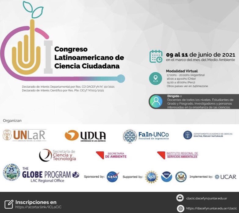 “I Congreso Latinoamericano de Ciencia Ciudadana” 

Participa desde el 9 al 11 de junio 2021.
 
Más información:
 dacefyn.unlar.edu.ar/clacic/
 
Preinscripciones:
docs.google.com/forms/d/e/1FAI…

<a href="/FeduUdla/">Facultad de Educación UDLA</a>  <a href="/UDLA_CL/">UDLAChile</a> 
#Educación #Ciencias