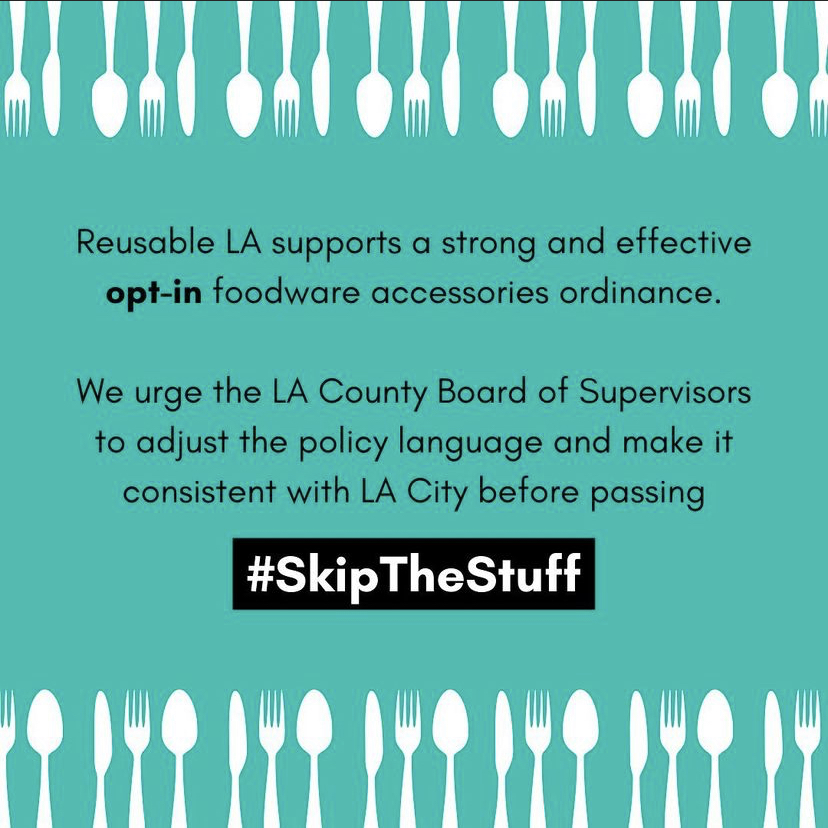 Adventures in Waste supports the #SkipTheStuff OPT-IN ordinance, but LA County is currently considering an OPT-OUT model.Take action today and send the LA County Board of Supervisors a message about this policy! 

Check out this link for more information: reusablela.org/get-involved