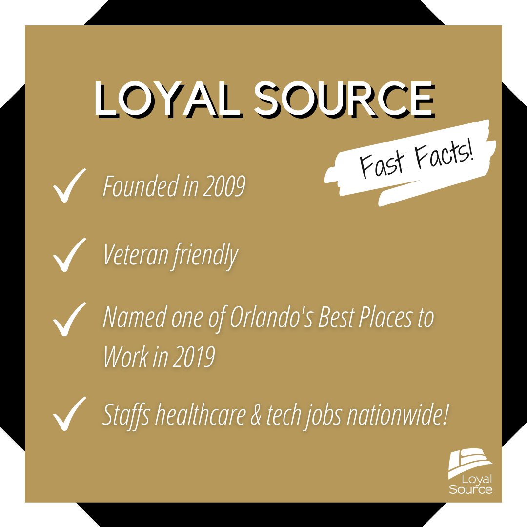 How much do you know about Loyal Source? Here are some fast facts about us!

To learn more about us, our mission, and our healthcare and technical opportunities, visit LoyalSource.com.

#OrlandoBusiness #VeteranFriendly #HealthcareJobs #TechJobs