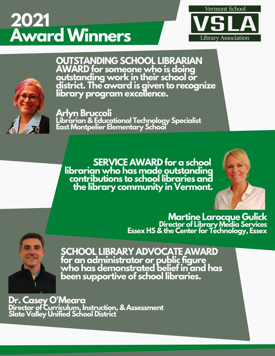 VTVSLA's tweet photo. Congratulations to our 2021 Award Winners, @abruccoli of #wcsu32, @martineguli of @EssexWestford, &amp; Dr. Casey O'Meara of @SlateValley!!!

Thank you for everything you do for #vted learners as school librarians &amp; school library advocates! https://t.co/xkVITnCNOP