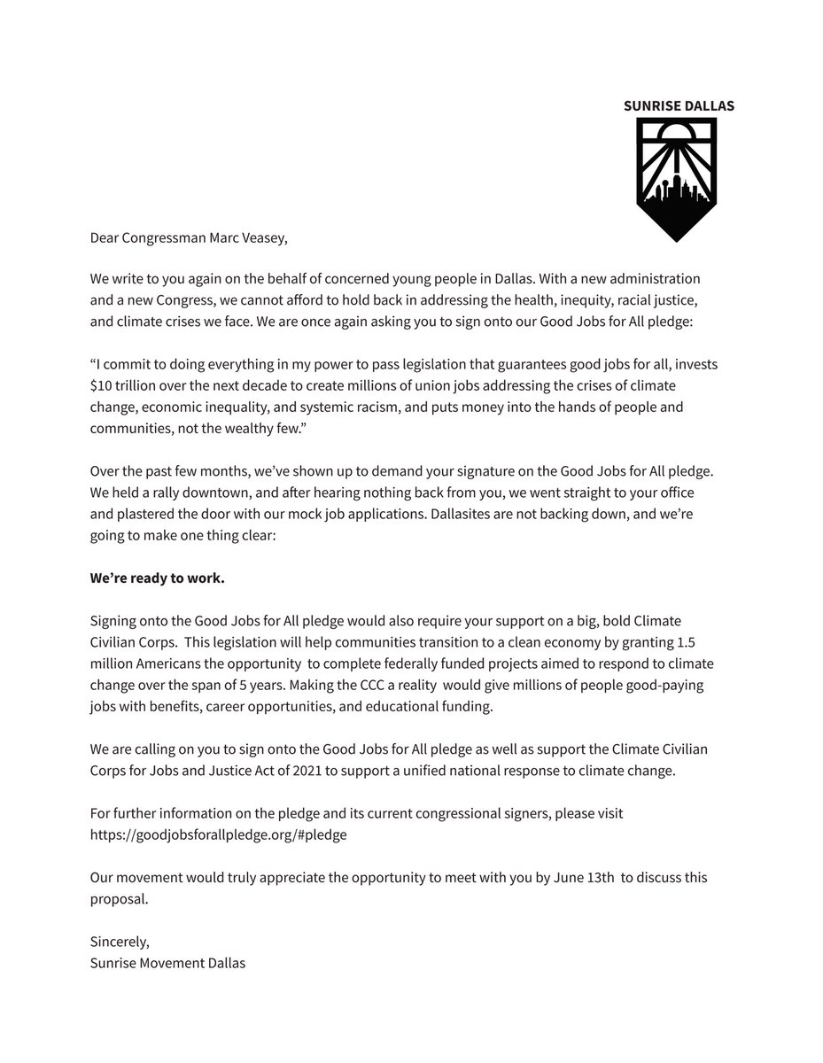 The letter to Representative Marc Veasey calls on him to sign onto the Good Jobs for All pledge, which reads as follows: “I commit to doing everything in my power to pass legislation that guarantees good jobs for all, invests $10 trillion over the next decade to create millions of union jobs addressing the crises of climate change, economic inequality, and systemic racism, and puts money into the hands of people and communities, not the wealthy few.”
Signing onto the Good Jobs for All pledge also means supporting a Civilian Climate Corps, much like the original CCC under the New Deal.