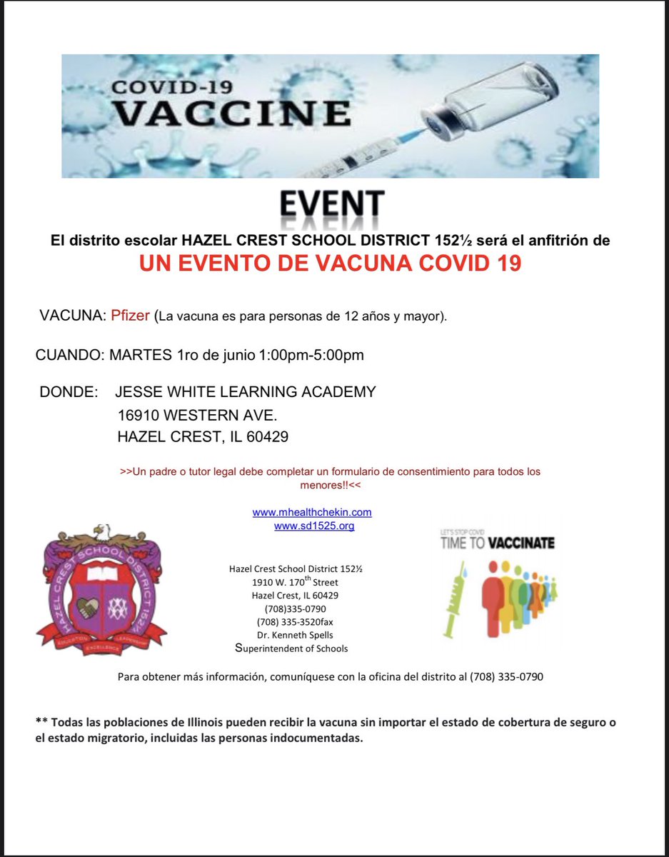 crest_5's tweet photo. Please take advantage of this opportunity!! Vaccination Appointments Are still Available!! 
Event will take place on June 1st from 1:00 - 5:00pm!! 
See Flyer for more details!! #itsallaboutthechildren #teamhazelcrest https://t.co/pF3BXLYbxn