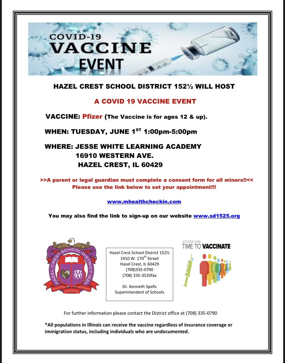 crest_5's tweet photo. Please take advantage of this opportunity!! Vaccination Appointments Are still Available!! 
Event will take place on June 1st from 1:00 - 5:00pm!! 
See Flyer for more details!! #itsallaboutthechildren #teamhazelcrest https://t.co/pF3BXLYbxn