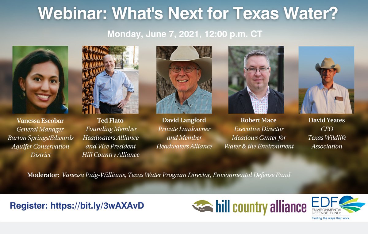 “What’s next for Texas Water?” Join EDF, the Headwaters Alliance and a panel of landowners, policy leaders and wildlife experts June 7 to answer this question and assess the landscape for water in Texas. #TXLege edf.zoom.us/webinar/regist…