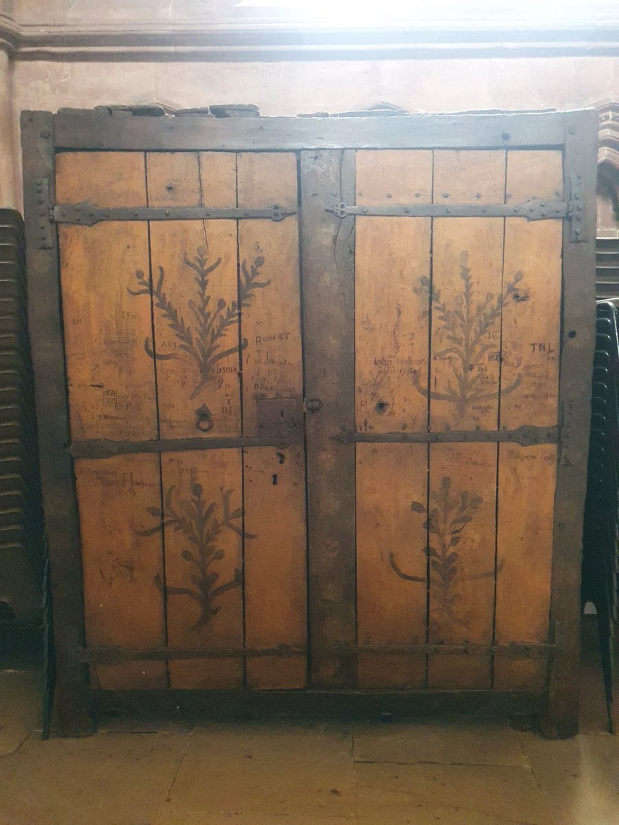 Came across this cabinet at <a href="/CarlisleCath/">Carlisle Cathedral</a> and it was covered in C18 graffiti 😍 anyone have any idea what it was for? Looks too big for books...