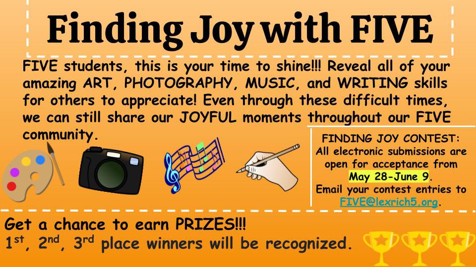 ActionForUnity's tweet photo. ACTION Club encourages all virtual students @LexRich5Schools to participate in our Finding Joy with FIVE contest. #PrideIn5 https://t.co/nbSHj2pY2Q