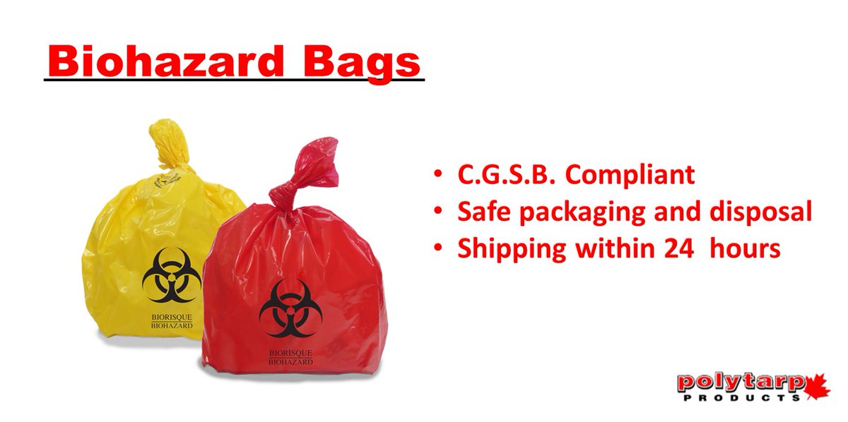 polytarproducts's tweet photo. Our Biohazard Bags can be made to be fully compliant to C.G.S.B. specifications and can be custom made by size &amp; print and shipped within 24 hours. Our bags are sold to securely package bio-hazardous materials for safe disposal. #wecovereverysituation https://t.co/W7ZfP2g2NM https://t.co/hjakexFYnI