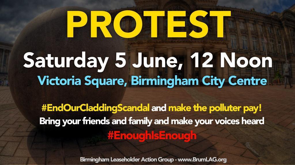 Victim of the #CladdingScandal? 
Your chance to protest!

West Midlands #EndOurCladdingScandal #EnoughIsEnough Protest:
12 Noon Saturday 5 June in #VictoriaSquare For more info: brumlag.org/birmingham-ral…