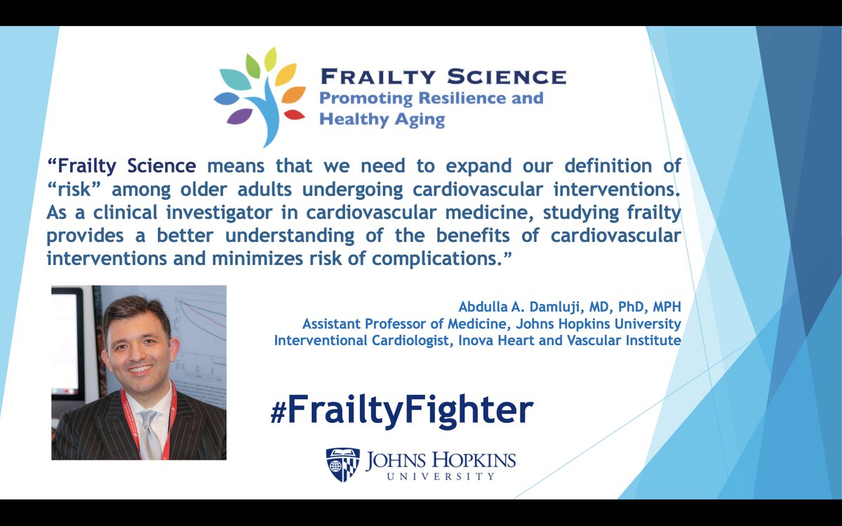 FrailtyScience's tweet photo. #FrailtyFighter .@DrDamluji .@HopkinsMedicine brilliantly points to the benefits of considering #FrailtyScience when weighing #Risks of #Cardiovascular interventions to minimize complications among #OlderAdults. #PatientSafety #ACCGeriatric #Cardiotwitter #Cardiology #Frailty https://t.co/6ExV5hD638