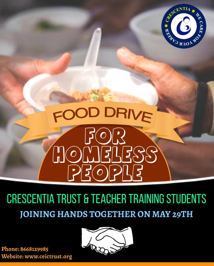 CrescentiaTrust's tweet photo. Crescentia trust is joining hands with its teacher training students for a mass food donation drive for homeless people on the streets on May 29th, Saturday.
#eliminatehunger #DonateFood https://t.co/rx7aDpIVoy