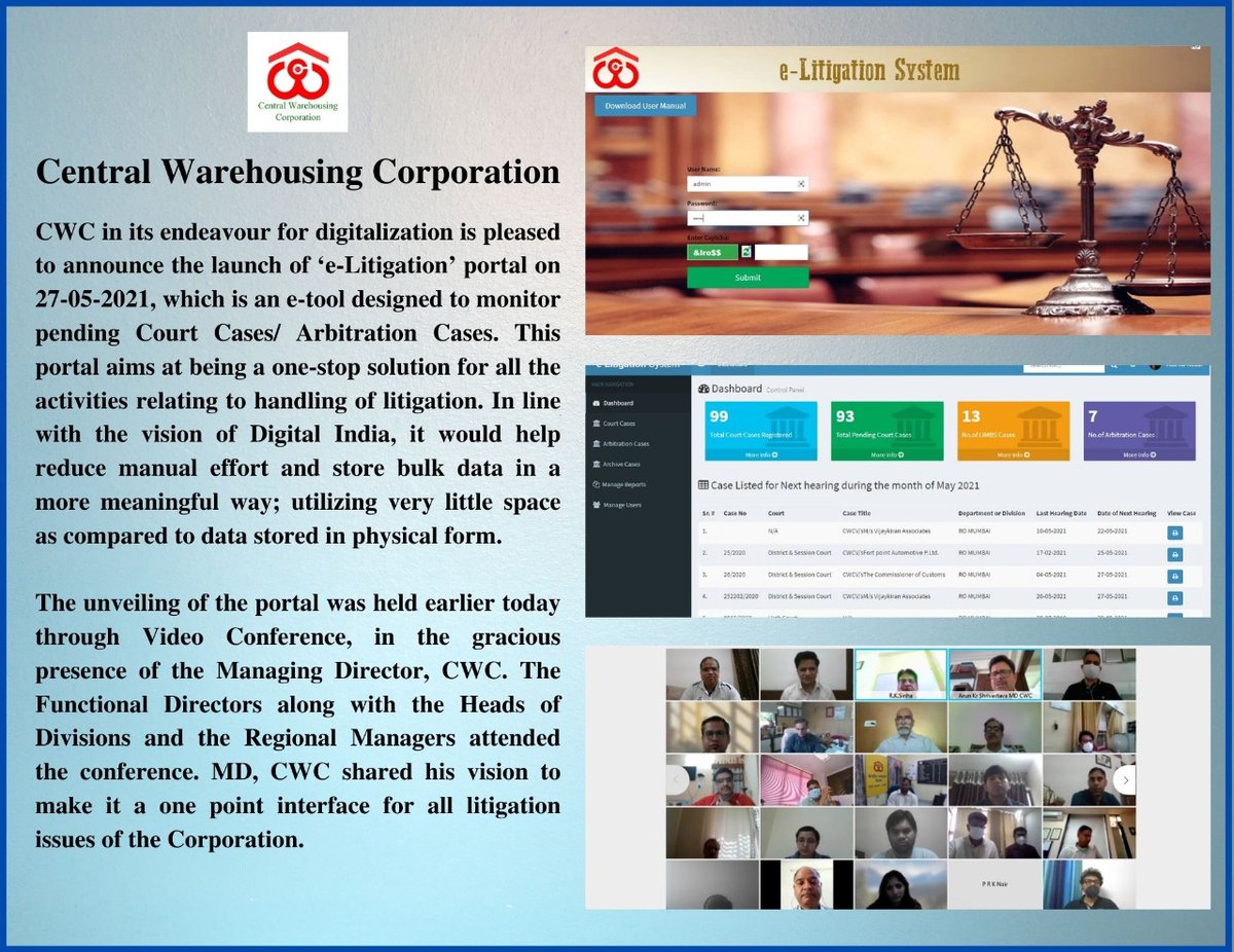 cwc_warehouse's tweet photo. #CWC in its endeavour for digitalization is pleased to announce the launch of ‘e-Litigation’ portal on 27-05-2021, which is an e-tool designed to monitor pending Court Cases/Arbitration Cases.

#elitigation https://t.co/FGt9fpITWX