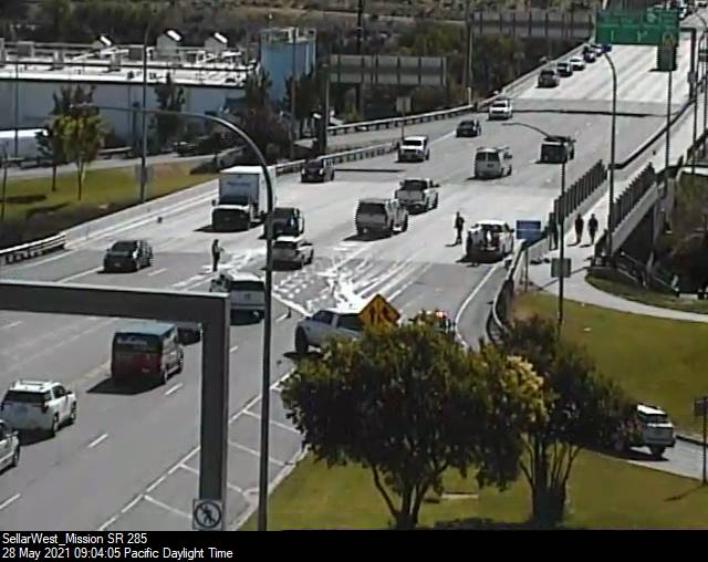 WSDOT_East's tweet photo. In Wenatchee at the west end of the George Sellar Bridge, there's been a paint spill (not ours!) over the EB lanes. A City crew is out there directing traffic around but expect slowdowns this AM while this mess is cleaned up. Please be patient! https://t.co/JJVvHApJjn