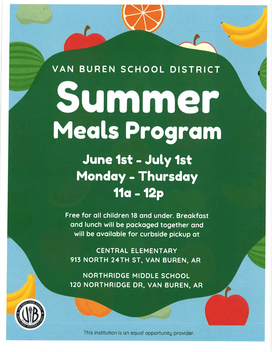 ButterfieldTMS's tweet photo. VBSD will be providing free lunch to all children 18 and under this summer from June 1st to July 1st, Monday through Thursday from 11 am to 12 pm. Pickup locations are Central Elementary and Northridge MS! https://t.co/DvShp23AUs