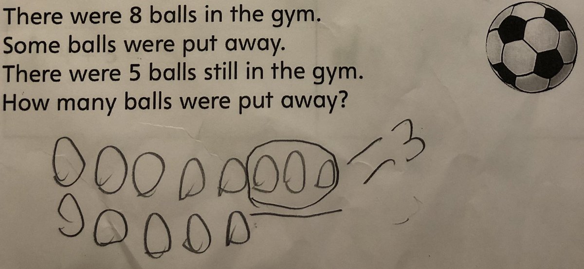 This first grade mathematician solved a take from problem with an unknown change. Based on his representation, I think his strategy was to compare 8 and 5, what do you think? @WCSUvt <a href="/AllLearnersMath/">All Learners Network</a>
