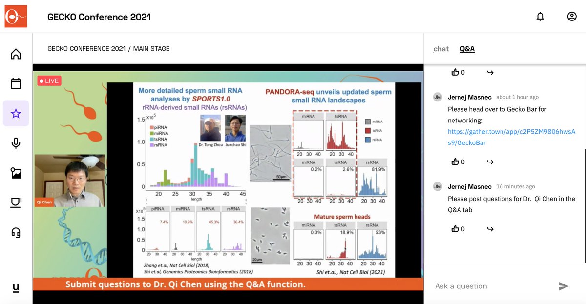 underlineio's tweet photo. Happening NOW on our Main Stage at #GECKOconference - Assistant Professor @qichen_lab is delivering a keynote on #sperm #RNA code and #epigenetic inheritance.
@geckoconsortium #underlinescience #openscience https://t.co/nOWqF5HKKc
