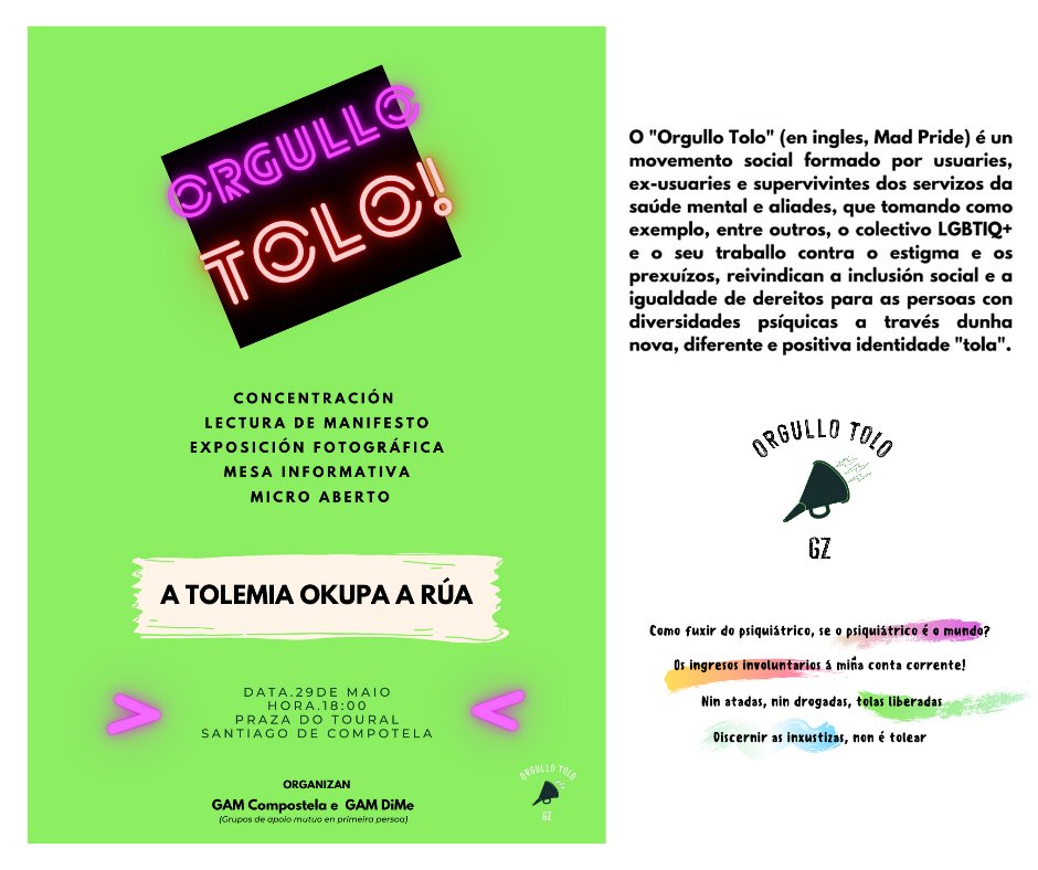 Sábado 29Mayo
MOVILIZACIÓN INTERNACIONAL🌐
✖la SALUD de TOD@S 

🔜Por la mañana: 
#may29SOSHealth 
#SanidadPública
#Right2Cure 
-BCN Sant Jaume
⏰10a.m. 
-Madrid
⏰12 mediodía SOL
 
🔜Por la tarde
#MadPride  
#OrgulloLoco2021 
-Madrid
⏰18h Atocha
-Compostela 
⏰18h Praza Toural