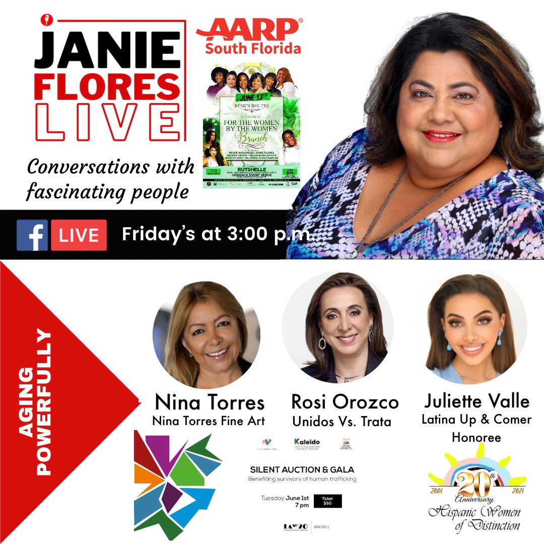 juanis111's tweet photo. 🔆Tune in to @JanieFloresLive today at 3PM on Facebook Live!
🌎We have a conversation with fascinating global entrepreneurs and transformers:
⭐️Nina Torres @NT_Fineart
🌟@RosiOrozco
✨@RealJulietteV
#AgingPowerfully Powered by @AARPSoflo & #DisruptAging https://t.co/WnE5zorbpL