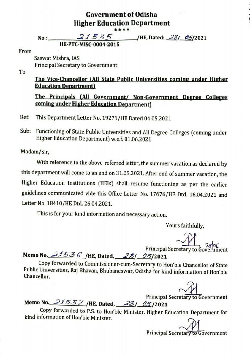 All the Public Universities and Degree Colleges under the <a href="/DHE_Odisha/">Higher Education Department, Govt. of Odisha 🇮🇳</a> shall resume functioning from 1st June, 2021. The Higher Education Dept has instructed to the Vice-Chancellors of all Public Universities and Principals of all Govt and non-Govt Degree Colleges in this regard.