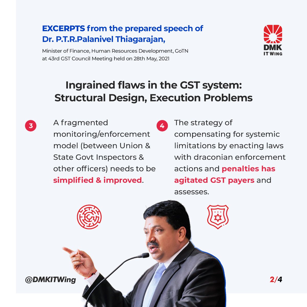 DMKITwing's tweet photo. Excerpts from the prepared speech of TN FM @ptrmadurai at 43rd #GSTCouncilmeeting held on 28th may 2021:

'Ingrained flaws in the #GST system: Structural Design, Execution Problems' https://t.co/ABhA7y1Lg7