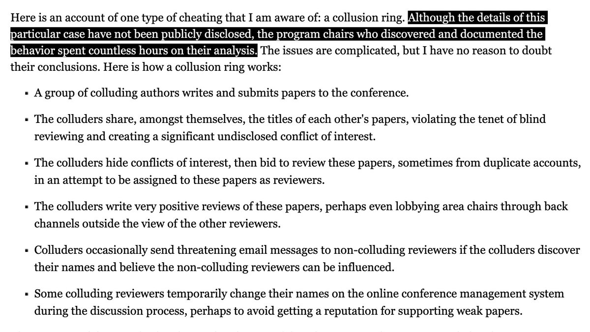 hardmaru's tweet photo. Collusion Rings among reviewers in CS publications

Article written by @mlittmancs in @CACMmag: https://t.co/Zqq6Wn9aFM

Pretty crazy to see these things happen in academic conferences, but it doesn't really surprise me at all. https://t.co/NvgWHCqcp1