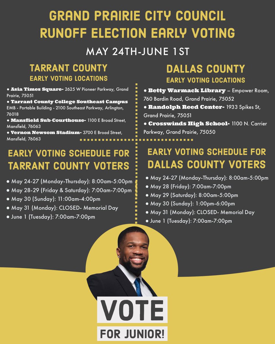 callmejre's tweet photo. PSA!!!! PLEASE SHARE THIS FLYER ON YOUR SOCIAL MEDIA &amp; with anyone you know in Grand Prairie! Share it in all of your group chats! We are so close but won’t win unless everyone comes out and votes! https://t.co/zFHQF9m9I3