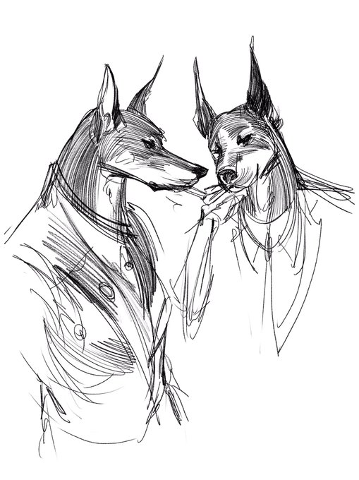 Lawyer dobermans sharing a cigarette kiss.. 