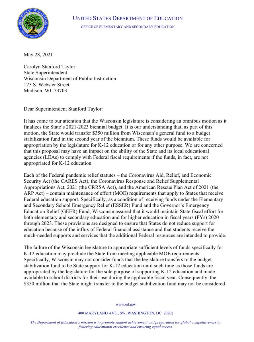 RepMarkPocan's tweet image. CONFIRMED: The @usedgov just let us know that the Wisconsin @GOP's insufficient education budget proposal would disqualify Wisconsin from receiving $1.5 billion in federal COVID aid for students, schools, colleges &amp;amp; universities.

@GOP, stop playing games &amp;amp; fund education.
