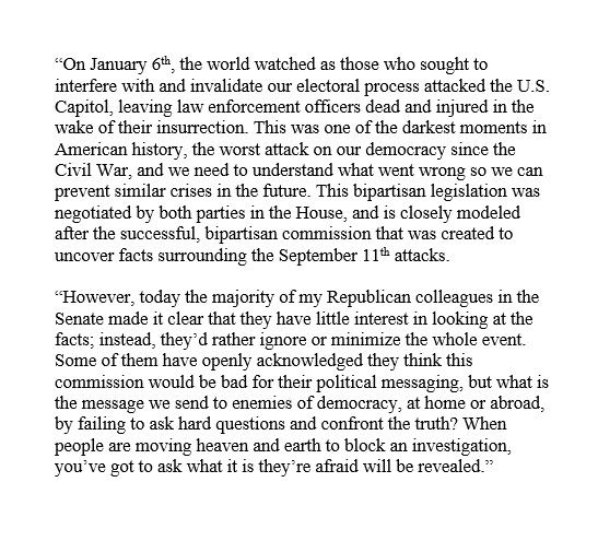 SenAngusKing's tweet image. Today, the majority of my Republican colleagues blocked a bipartisan bill to create a commission investigating the January 6th insurrection. When people move heaven and earth to block an investigation, you’ve got to ask what they’re afraid will be revealed. My full statement: