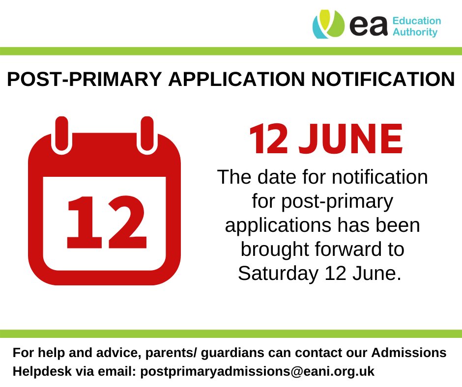 Ed_Authority's tweet photo. POST-PRIMARY APPLICATION NOTIFICATION

The date for notification for post-primary applications has been brought forward to Saturday 12 June. Parents/guardians who have applied for a place for their child online will be able to login to the EA Post-Primary Application portal 1/4 https://t.co/Tb9rwGfQTc