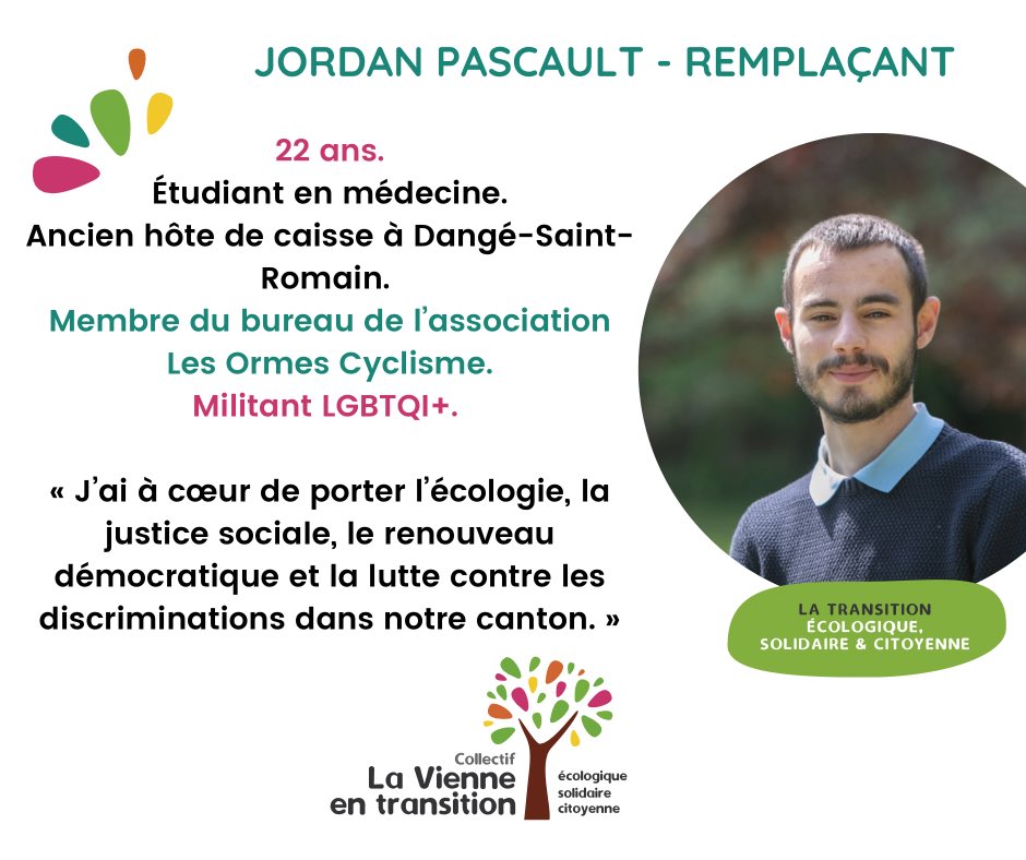 LVETChatel2's tweet photo. 🙌🏻 Aujourd’hui, nous terminons la présentation de nos candidates et candidats avec Jordan Pascault, candidat remplaçant pour le Collectif "La Vienne en Transition" sur le canton de Châtellerault-2 !
#départementales2021
#VienneEnTransition
#Châtellerault2 https://t.co/8sMjpKwMEI