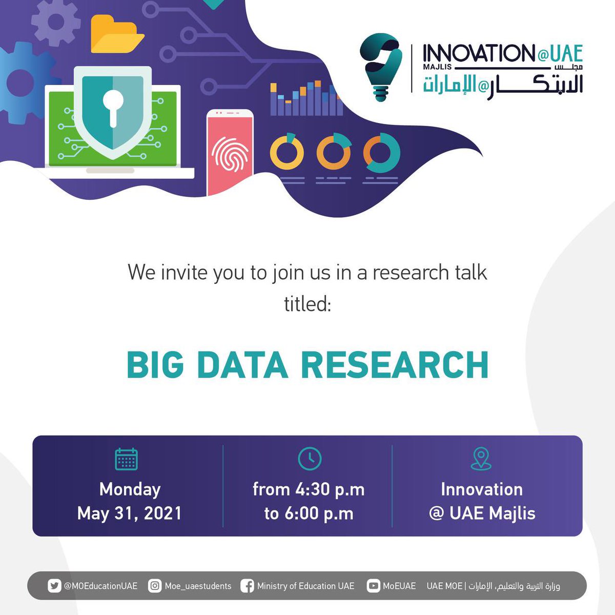 MOEUAEofficial's tweet photo. The Ministry of Education invites you to attend the research talk "Big Data Research ", in which a group of researchers will participate.
You may register through the following link :

https://t.co/1KOoYeOXaz
#Research_Development
#Innovation
#Innovation_UAE_Majlis https://t.co/ooGgP3gVyP