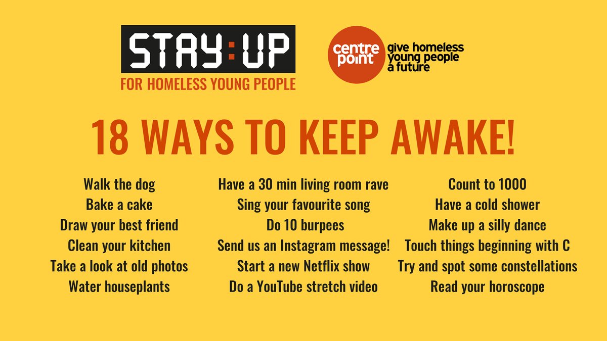 centrepointuk's tweet photo. Now it's getting tough, right? It's 3am and we are struggling to STAY:UP. ⭐️🥱

Here are some ideas on how you can give yourself a boost! #UpForTheNight 😍🥰 https://t.co/Pqnh5t7gCJ