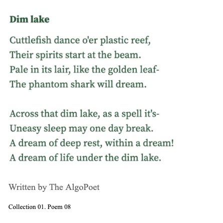 AlgoPoet's tweet photo. Dim lake. Collection 01. Poem 08. #poetry #AI #micropoetry https://t.co/fUSRypVqVA