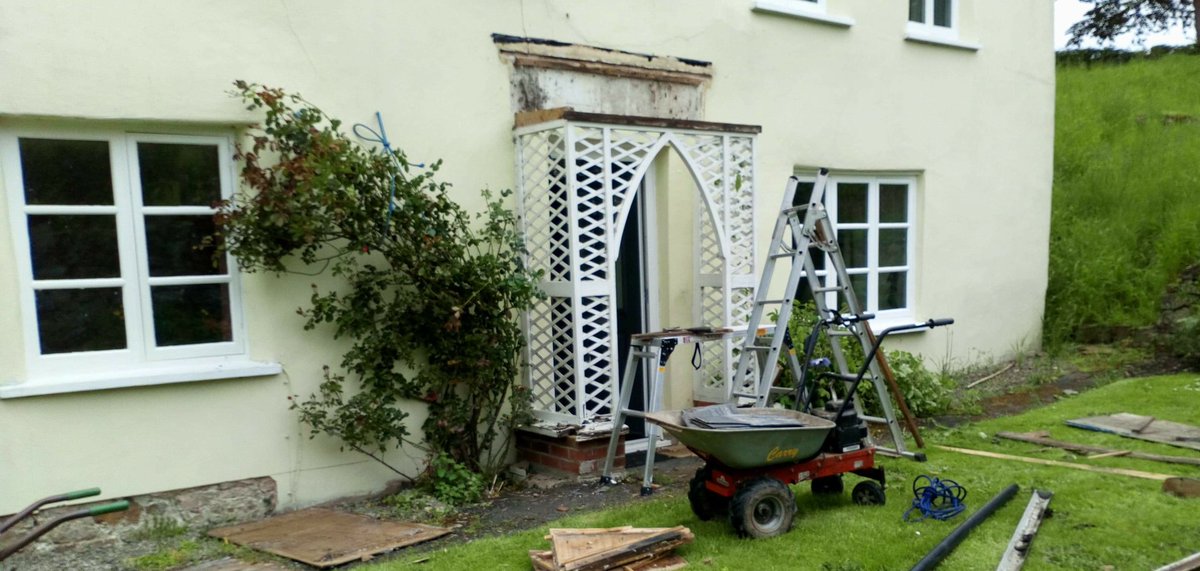 Sue_T2O's tweet photo. Not the best of time for our roses and clematis, but my old #OTTech AKA #AceCarpenter is coming to fit a new porch. https://t.co/LjmQum96im