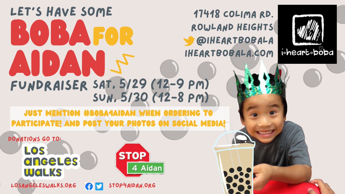 Tomorrow starts <a href="/Stop4Aidan/">Phillip Tam</a>'s annual #Boba4Aidan fundraiser weekend, grab Aidan's favorite drink and help us remember all the Angelenos killed by traffic violence every year &amp; the City's commitment to #VisionZeroLA: 0 traffic deaths by 2025. Snap 🤳 a selfie, tag &amp; share with us!