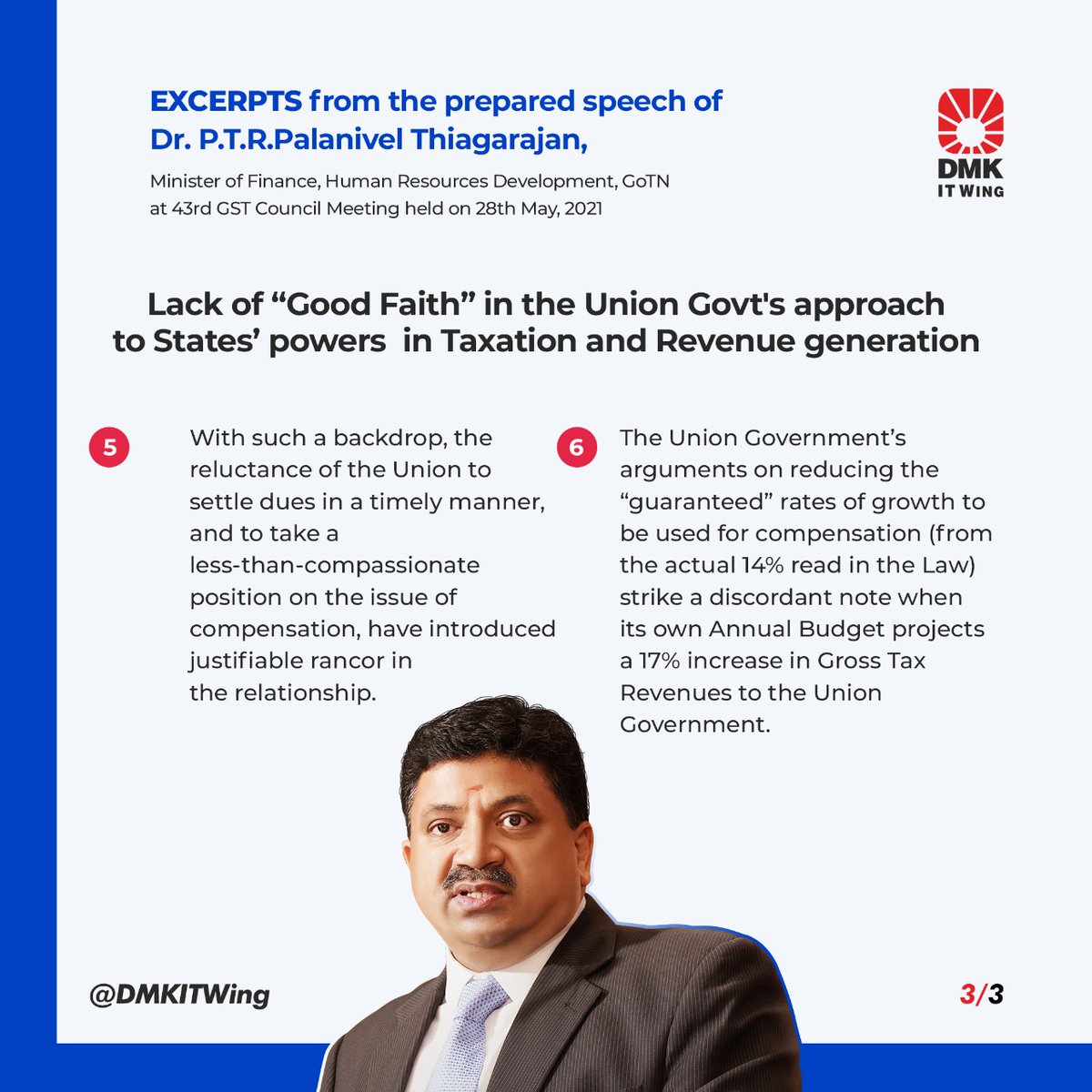DMKITwing's tweet photo. Excerpts from the prepared speech of TN FM Dr. @ptrmadurai at 43rd #GSTCouncilmeeting held on 28th may 2021:

Lack of "Good Faith" in the Union Govt's approach to states' powers in Taxation and Revenue generation https://t.co/tmtNdwKDEn
