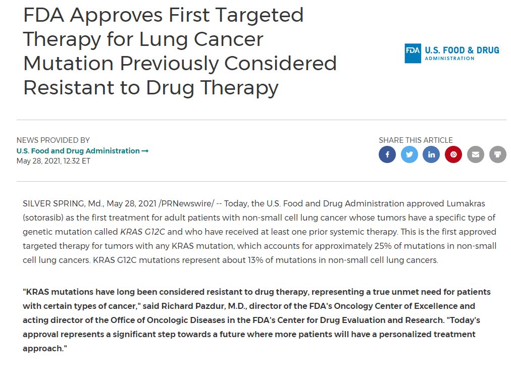 DrChoueiri's tweet photo. JUST IN: @US_FDA approves 1st Targeted Therapy for NSCLC with KRAS G12C. 1st approved KRAS mutation therapy ever (25% of NSCLC mutations; 13% KRAS G12C) @OncoAlert
https://t.co/XRgcynmAw2 https://t.co/kW5gJRDqVk