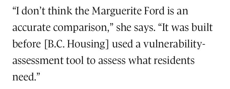 How is the Marguerite Ford NOT a fair comparison to the site proposed for Arbutus and 8th? 

Both...

- don't use the vulnerability assessment tool
- both are in excess of 130 units
- both have only opened the door to homeless singles only (and forget women and children)
#facts