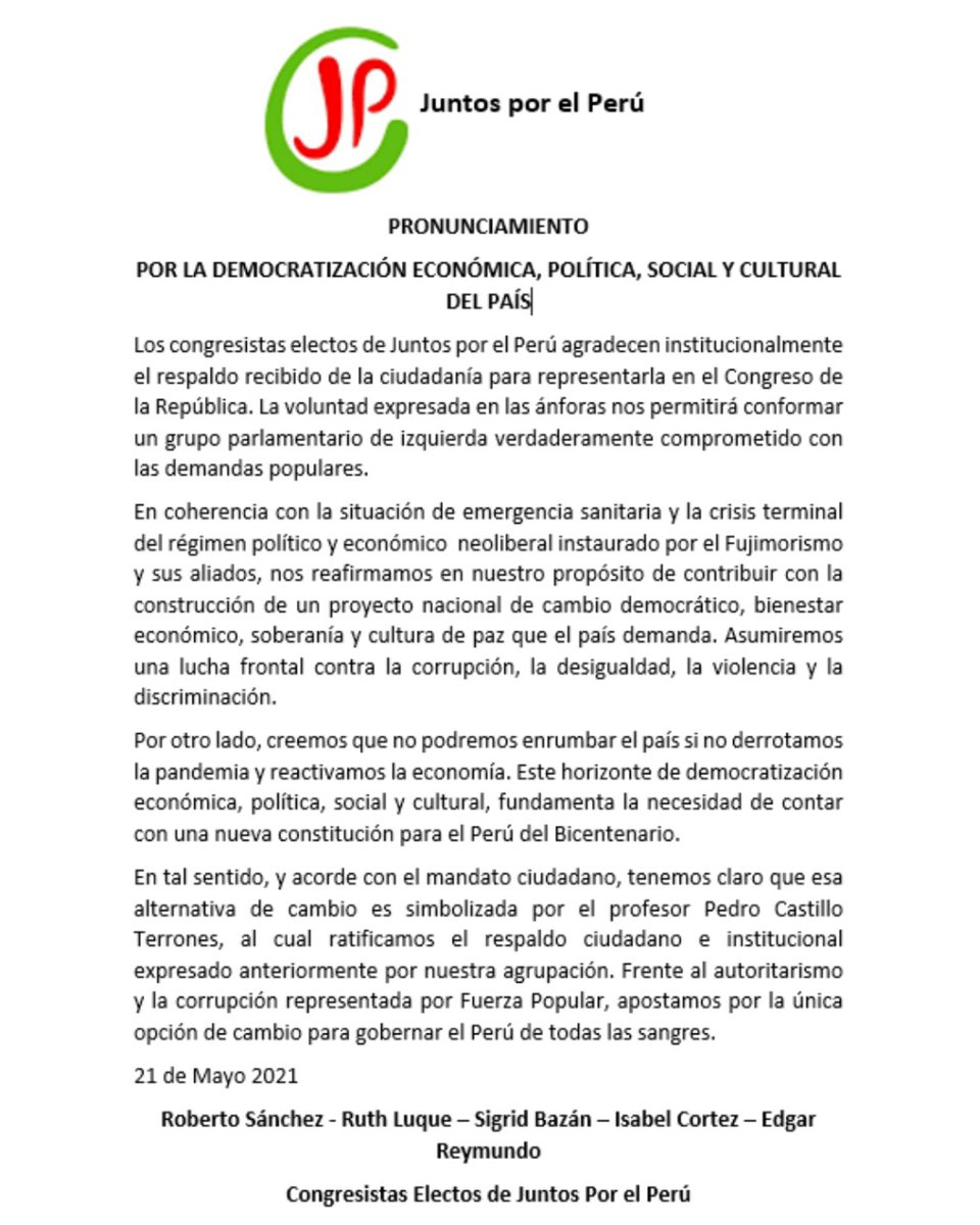 jpbancada's tweet photo. Comunicado institucional de los cinco congresistas electos de @JuntosporPeru en respaldo a la candidatura de Pedro Castillo, y a favor del cambio democrático para el Perú del bicentenario 
@sigridbazan @ruthlib_ @chabelita2020 @edgarreymundo #PedroCastilloPresidente https://t.co/9MBOG9toPP