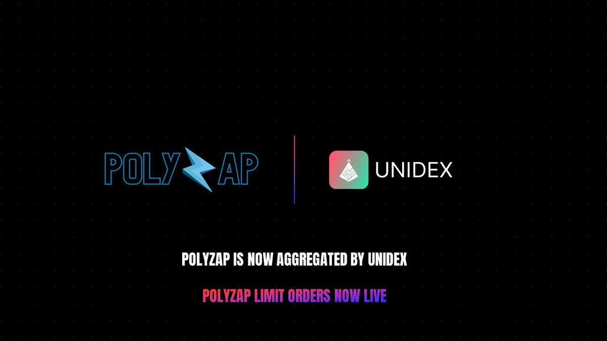 UniDexFinance's tweet photo. We're happy to announce that @PolyZapFinance has been integrated into #UniDex's aggregation engine.
Limit orders are now aggregating on #PZAP!
#PolyZap is a #Polygon #DEX and #YieldFarm with a unique ecosystem. Features include farms, pools & games, and an ambitious roadmap! https://t.co/TUvpusi3Ix