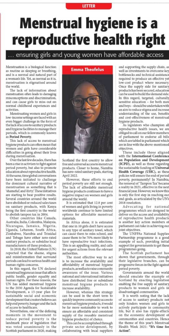 Global conversations are challenging the dominant cultural narrative, that menstruation is something that is ‘shameful’, and ‘dirty’. Countries around the world have abolished or reduced sales taxes on sanitary products, with 🇳🇦 joining ranks in 2021! #MHDay2021 <a href="/NewEraNewspaper/">New Era Newspaper</a>