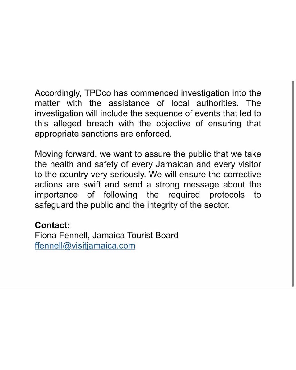 AndrewHolnessJM's tweet photo. #PressRelease: Official Statement from the Jamaica Tourist Board. https://t.co/hBeE0s8Lp4