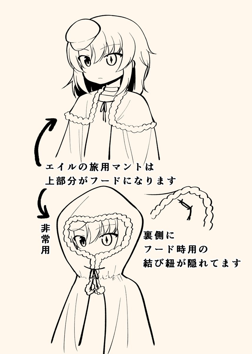 今月の裏話
エイルのマントは非常時にフードになります
パーカーとほぼ同じ構造です
そしてこの機構が漫画本編で活用されることはありません😭
https://t.co/hui7lURfCp @comic_ruelle